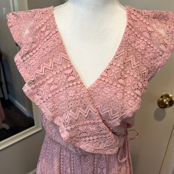 Aqua Pink Lace Hi Low Faux Wrap Dress, Size Small - Picture 3 of 16